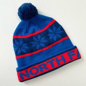 The North Face Nordic Star Blue Red Fair Isle Pompom Knit Winter Beanie UNISEX